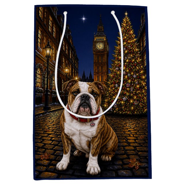 Sacola Para Presentes Média Bulldog Brindle Férias  (Frente)