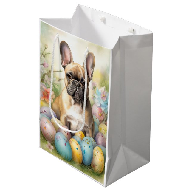 Sacola Para Presentes Média Bulldog Francês com Ovos de Páscoa (Frente inclinada)