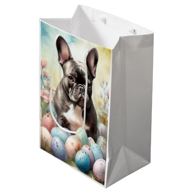 Sacola Para Presentes Média Bulldog Francês com Ovos de Páscoa (Frente inclinada)