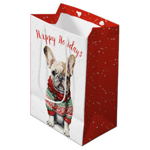Sacola Para Presentes Média Bulldog Francês De Natal Em Flocos De Neve