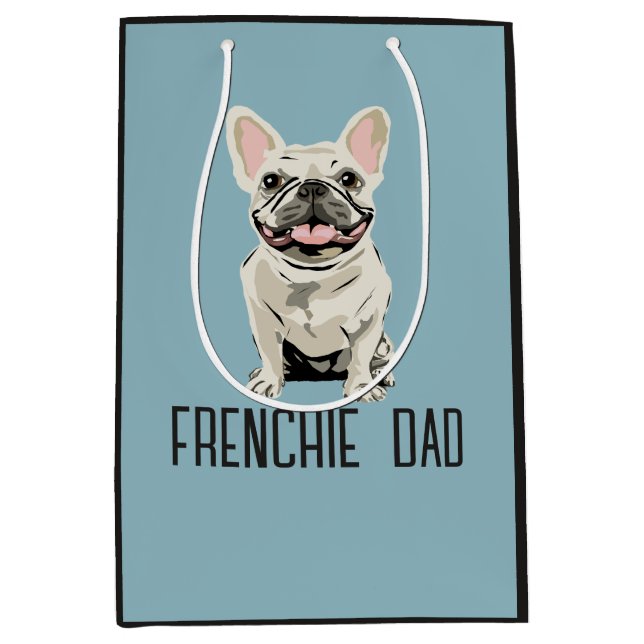 Sacola Para Presentes Média Bulldogue Francês Branco, Pai Frenchie (Frente)