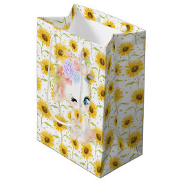 SACOLA PARA PRESENTES MÉDIA BUNNY DE COR DE ÁGUA DE PALHEIRO COM FLORES
