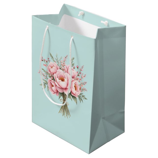 Sacola Para Presentes Média Buquê de Flores de Peônia Rosa Bonita (Frente inclinada)