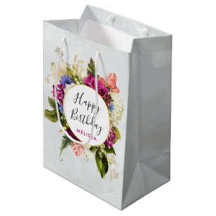 Sacola Para Presentes Média Buquê floral moderno da aguarela cor-de-rosa &