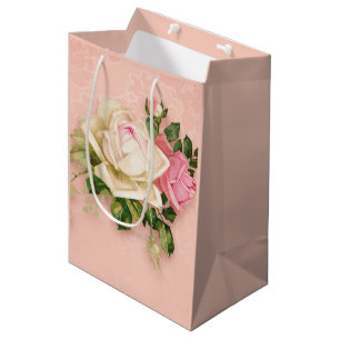 Sacola Para Presentes Média Buquê Rosa Rosa e Branco