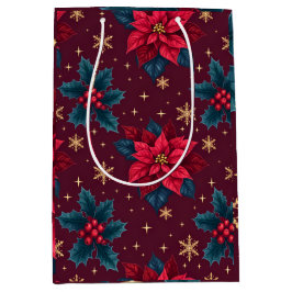 Sacola Para Presentes Média Burgundy Poinsettia & Gold Snowflake Dark Feminine