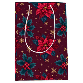Sacola Para Presentes Média Burgundy Poinsettia & Gold Snowflake Dark Feminine