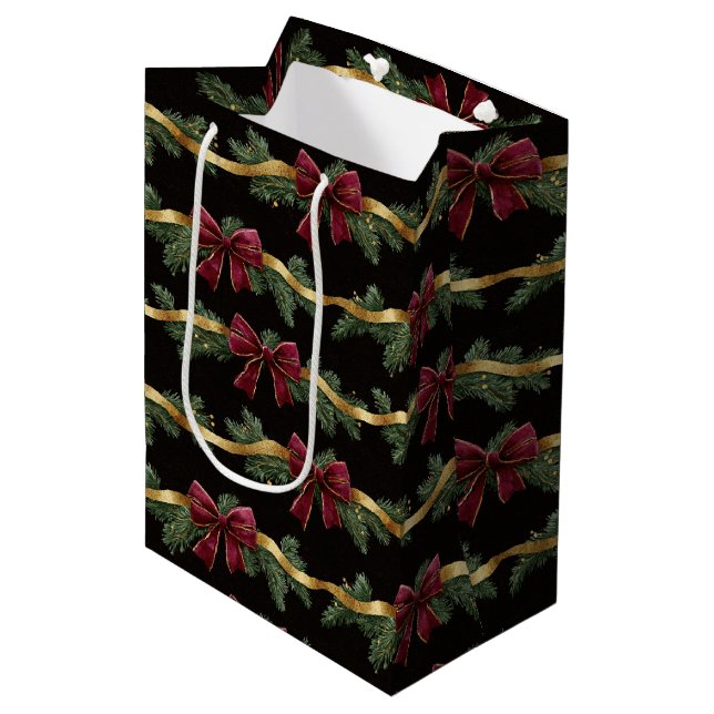 Sacola Para Presentes Média Burgundy Red Bows Gold Ribbons Christmas (Frente inclinada)