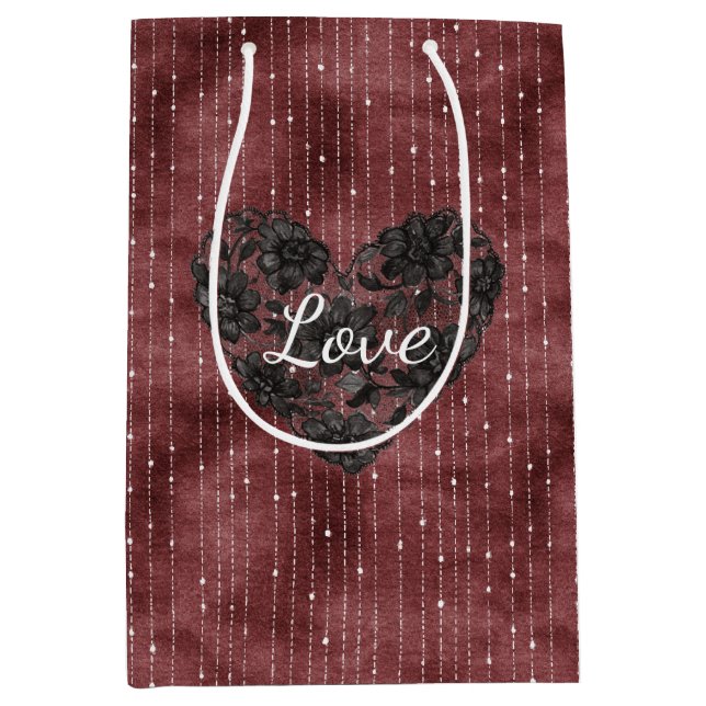 Sacola Para Presentes Média Burgundy Red White Stripes Black Faux Lace Heart  (Frente)