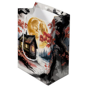 Sacola Para Presentes Média Cabana ao Luar Floresta Japonesa Arte (7)