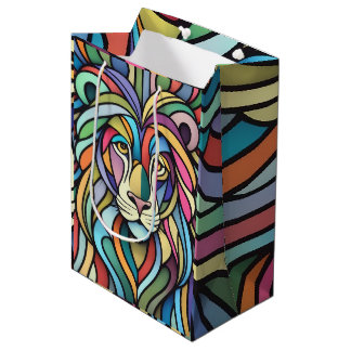 Sacola Para Presentes Média Cabeça Colorida Detalhada do Leão