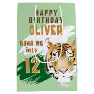Sacola Para Presentes Média Cabeça de Tigre Selvagem Aquarela Aniversário 