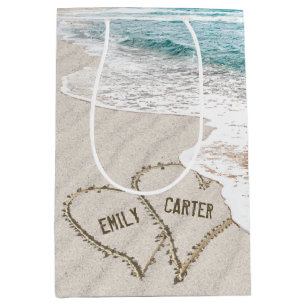 Sacola Para Presentes Média Cabeças De Praia De Casamento Em Areia Com Nomes