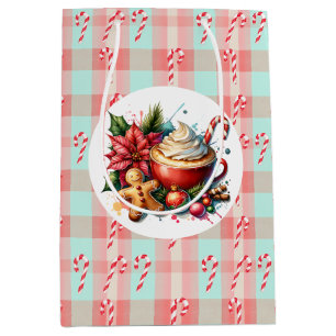 Sacola Para Presentes Média Cacau Quente De Aquarela, Canas De Candy, Natal