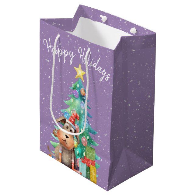Sacola Para Presentes Média Cachorra d'água e árvore de Natal (Frente inclinada)
