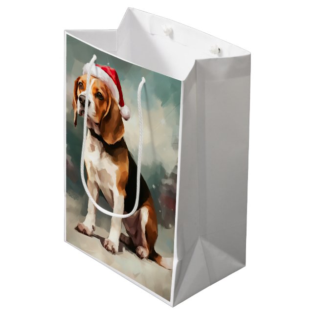 Sacola Para Presentes Média Cachorro Beagle na Neve Natal  (Frente inclinada)