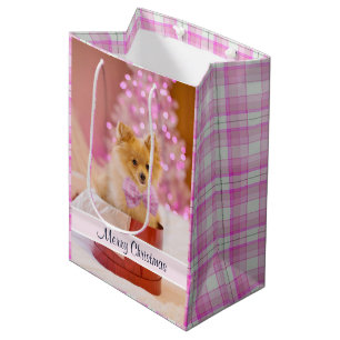 Sacola Para Presentes Média Cachorro Bonito com Foto de Natal de Arco Rosa