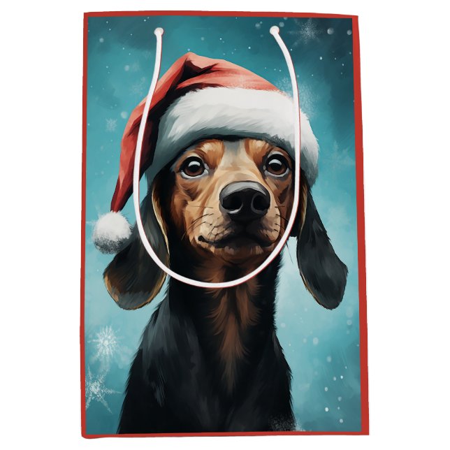 Sacola Para Presentes Média Cachorro Bonito Vestindo Natal Hat Dachshund Natal (Frente)
