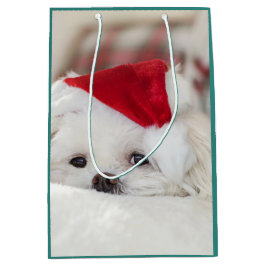 Sacola Para Presentes Média Cachorro Branco bonito num chapéu de Natal Vermelh