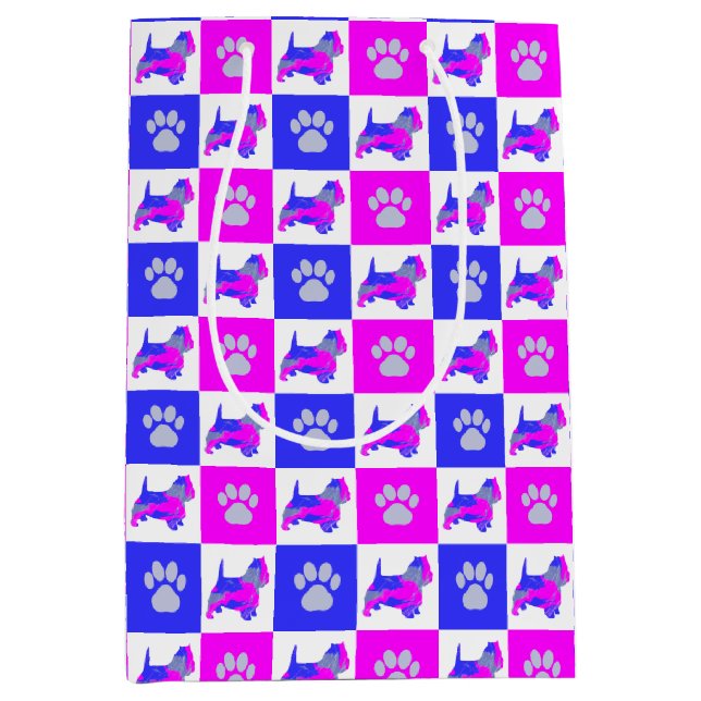 Sacola Para Presentes Média Cachorro branco sudoeste e pata rosa e azul (Frente)