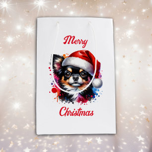 Sacola Para Presentes Média Cachorro Chihuahua no Natal de Santa Hat