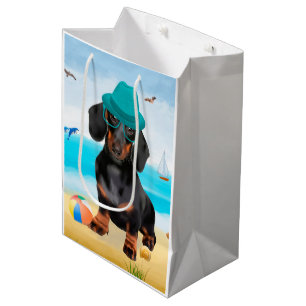 Sacola Para Presentes Média Cachorro Dachshund na Praia 