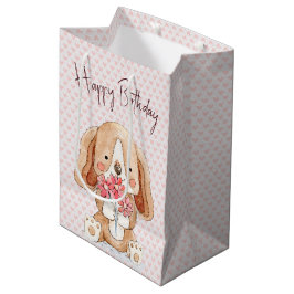 Sacola Para Presentes Média Cachorro de Aniversário com Flores em Corações Ros