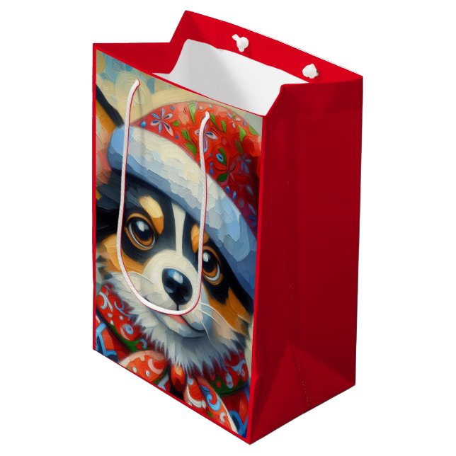 Sacola Para Presentes Média Cachorro de Natal Cachorro Puppy com Santa Hat (Frente inclinada)