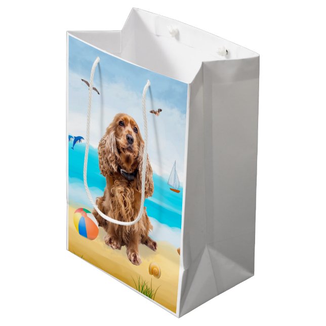 Sacola Para Presentes Média Cachorro do Cocker Spaniel em Praia (Frente inclinada)