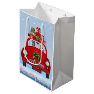 Sacola Para Presentes Média Cachorro Doberman No Carro Com Papai Noel