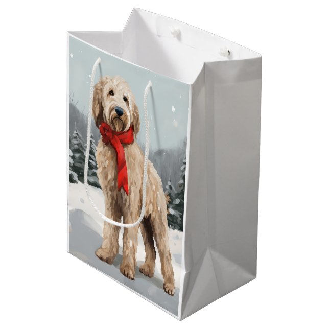 Sacola Para Presentes Média Cachorro Dourado no Natal da Neve (Frente inclinada)