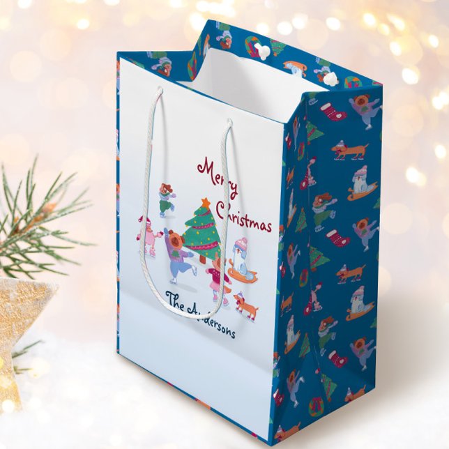 Sacola Para Presentes Média Cachorro Feliz de Natal Nome Azul (Criador carregado)