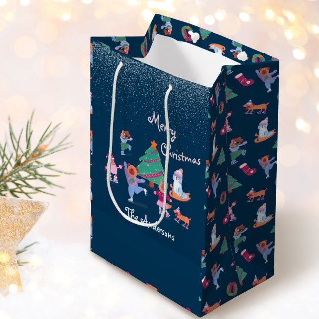 Sacola Para Presentes Média Cachorro Feliz De Natal Pele De Gelo Azul Marinho  (Criador carregado)