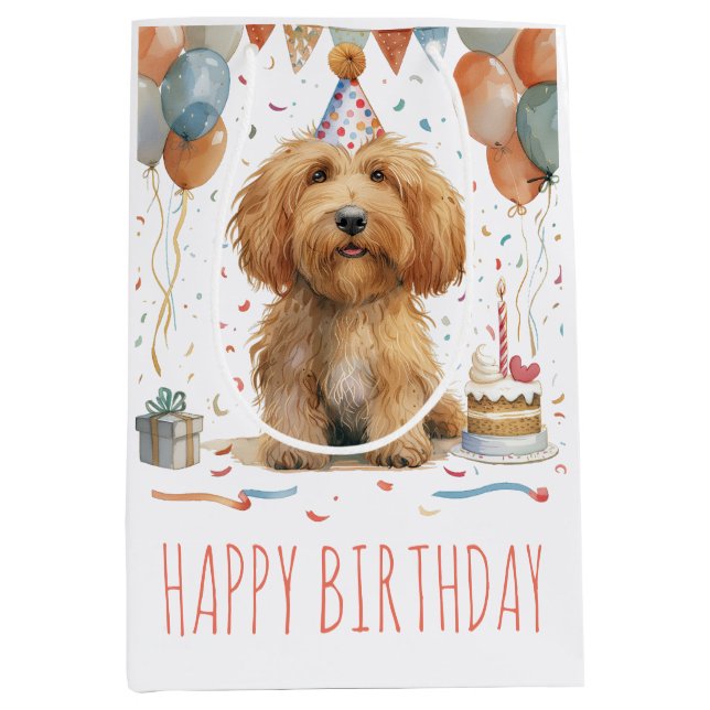 Sacola Para Presentes Média Cachorro Goldendoodle de Aniversário (Frente)