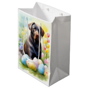 Sacola Para Presentes Média Cachorro Labrador Preto com Ovos da Páscoa