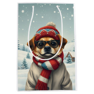Sacola Para Presentes Média Cachorro legal no inverno de pré-disquete e chapéu