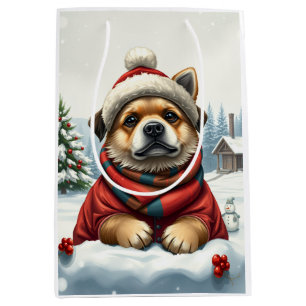 Sacola Para Presentes Média Cachorro legal no inverno de pré-disquete e chapéu