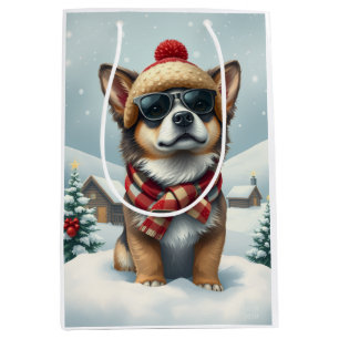 Sacola Para Presentes Média Cachorro legal no inverno de pré-disquete e chapéu