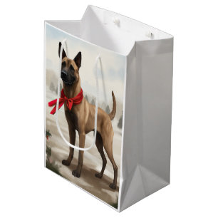 Sacola Para Presentes Média Cachorro Malinois belga no Natal da neve