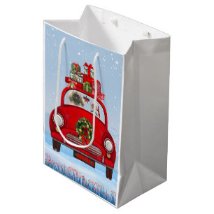 Sacola Para Presentes Média Cachorro Pekingês No Carro Com Papai Noel