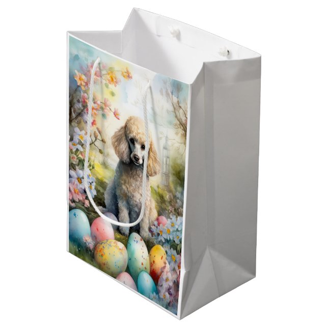 Sacola Para Presentes Média Cachorro Poodle com Feriado de Ovos de Páscoa (Frente inclinada)
