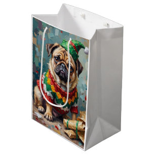 Sacola Para Presentes Média Cachorro Pug Mal-Humorado com Chapéu de Elfo Arte