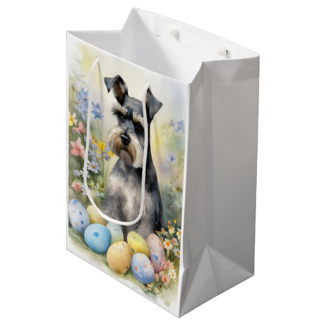 Sacola Para Presentes Média Cachorro Schnauzer com Ovos da Páscoa Feriado  (Frente inclinada)