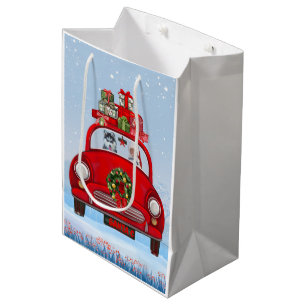 Sacola Para Presentes Média Cachorro Siberiano Husky No Carro Com Papai Noel