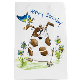 Sacola Para Presentes Média Cachorro Spotado com Pássaro