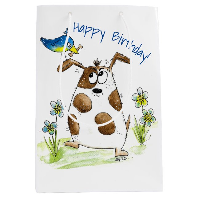 Sacola Para Presentes Média Cachorro Spotado com Pássaro (Frente)