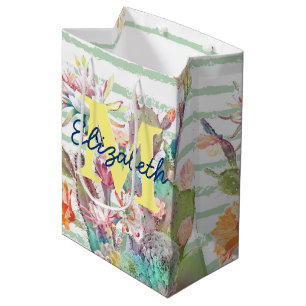 Sacola Para Presentes Média Cacto de aquarelas, design de listras e flores