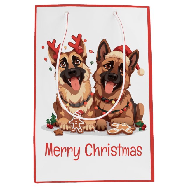 Sacola Para Presentes Média Cães de German shepherd Feliz de Natal (Frente)
