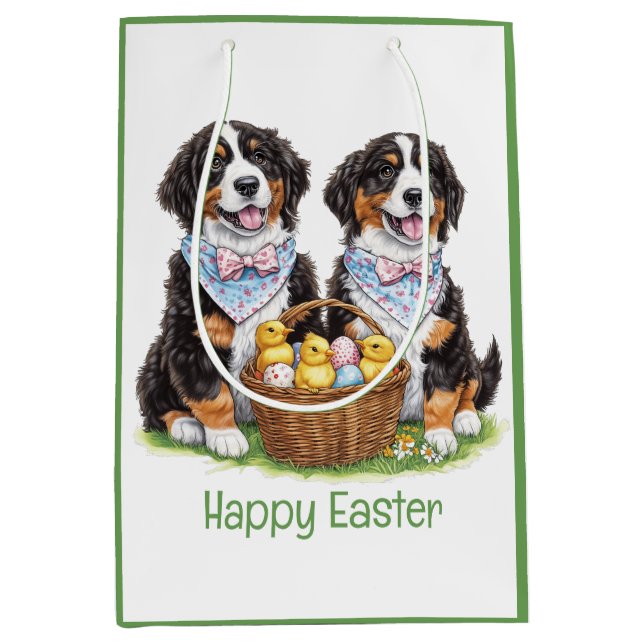 Sacola Para Presentes Média Cães de Montanha felz pascoa Bernese (Frente)