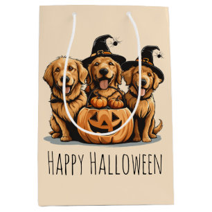 Sacola Para Presentes Média Cães Golden Retriever de Halloween com Jack O Lant